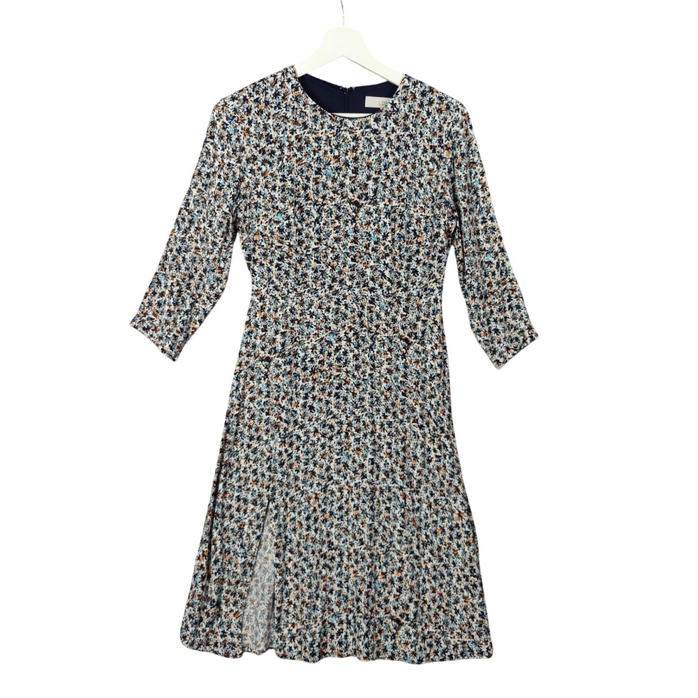 LOFT Womens Cottagecore Boho Floral Dress 00 Petite Blue Orange Front Slit NEW